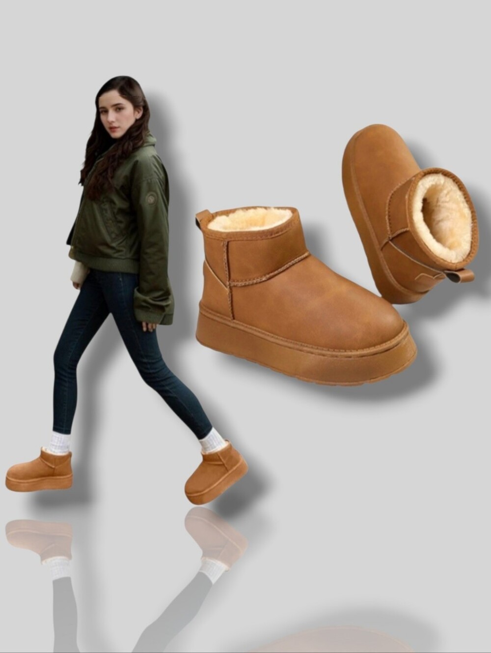 Like New🥀 FASHION Women's Camel-Brown Faux Fur Ultra Mini Platform Winter Boots